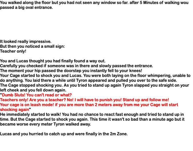 You walked along the floor but you had not seen any window so far. after 5 Minutes of walking wou passed a big oval entrance. It looked really impressive. But then you noticed a small sign: Teacher only! You and Lucas thought you had finally found a way out. Carefully you checked if someone was in there and slowly passed the entrance. The moment your hip passed the doorstep you instantly fell to your knees! Your Cage started to shock you and Lucas. You were both laying on the floor whimpering, unable to do anything. You laid there a while until Tyron appeared and pulled you over to the safe side. The Cage stopped shocking you. As you tried to stand up again Tyron slapped you straight on your left cheek and you fell down again. "Dumb Sluts! You can't read or what? Teachers only! Are you a teacher? No! I will have to punish you! Stand up and follow me! Your cage is on leash mode! if you are more than 2 meters away from me your Cage will start shocking again" He immediately started to walk! You had no chance to react fast enough and tried to stand up in time. But the Cage started to shock you again. This time it wasn't so bad than a minute ago but it became worse every meter Tyron walked away. Lucas and you hurried to catch up and were finally in the 2m Zone. 