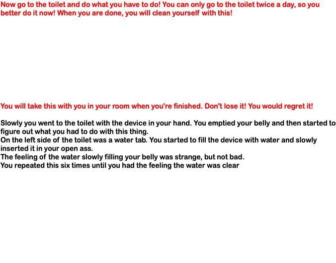 Now go to the toilet and do what you have to do! You can only go to the toilet twice a day, so you better do it now! When you are done, you will clean yourself with this! You will take this with you in your room when you're finished. Don't lose it! You would regret it! Slowly you went to the toilet with the device in your hand. You emptied your belly and then started to figure out what you had to do with this thing. On the left side of the toilet was a water tab. You started to fill the device with water and slowly inserted it in your open ass. The feeling of the water slowly filling your belly was strange, but not bad. You repeated this six times until you had the feeling the water was clear 